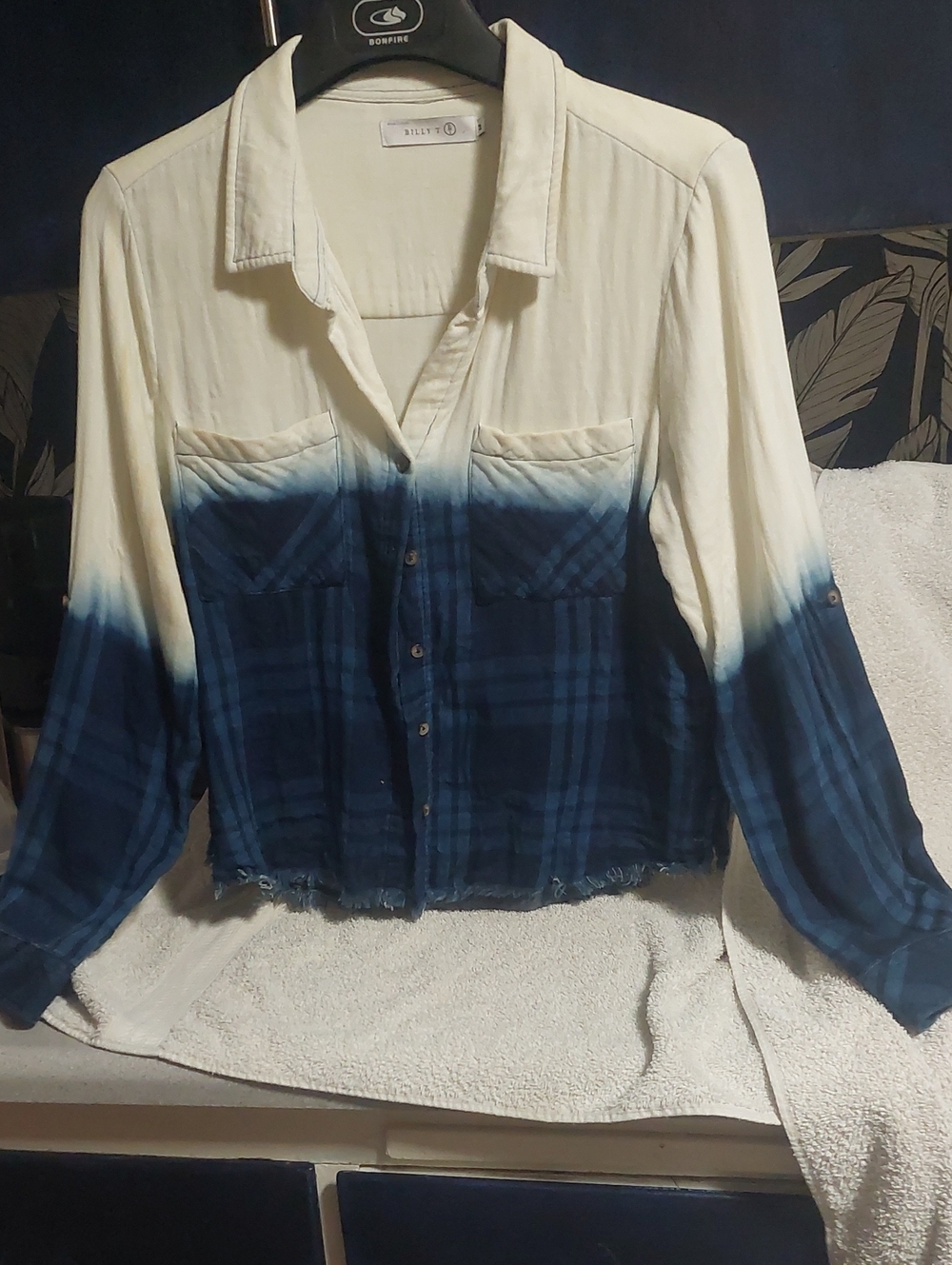 Billabong Cream and Navy Dip-Dye Plaid Button-Down Shirt